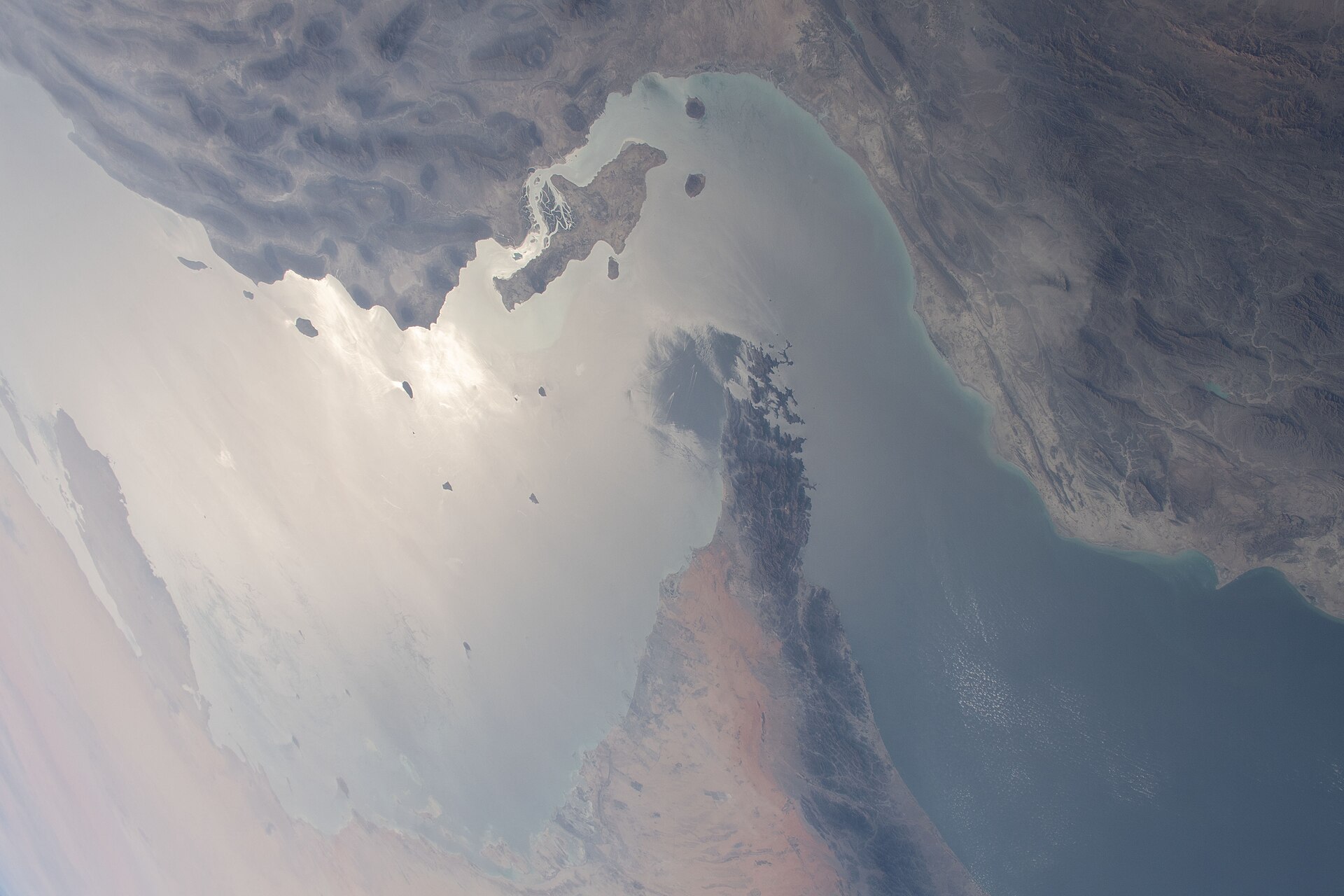 The Strait of Hormuz from the International Space Station, separating the UAE and Iran